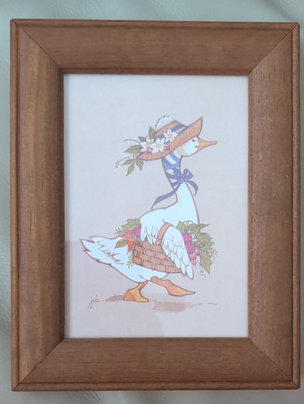 Goose Country Jean V O'Brien Wood Frame Wall Decor Print Goose Ribbon Basket 80s